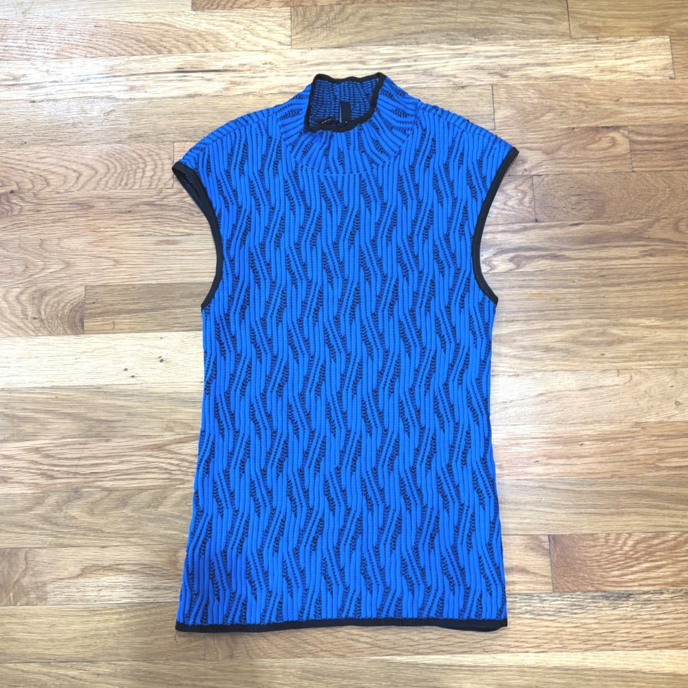 White House Black Market Blue Black Textured Mock Neck Sleeveless Top XS